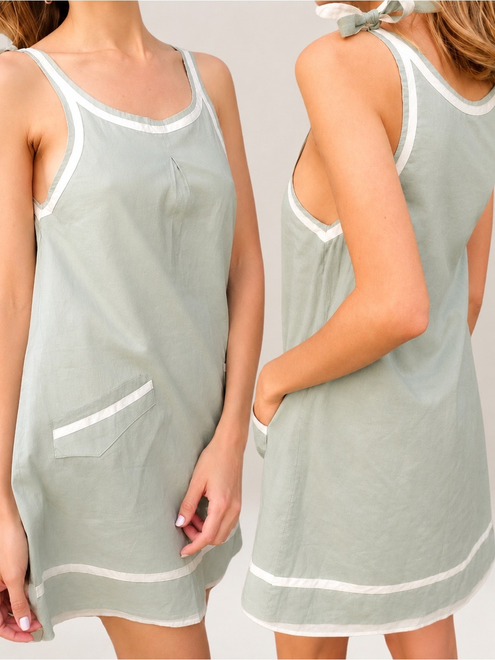 Y2K Rag & Bone Green Cream Linen Sleeveless Babydoll Mini Dress / Tunic • 2 / XS